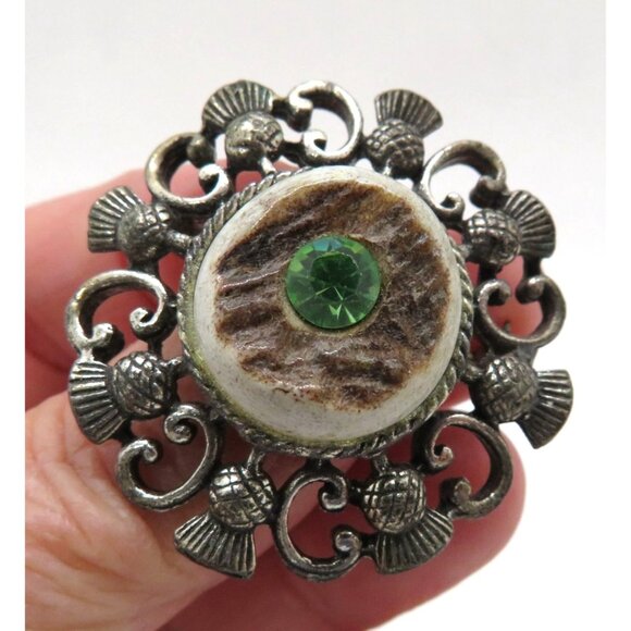 Vintage Deer Antler Brooch Green Gem Silver Tone 1.5" Ornate Metalwork - Picture 8 of 9